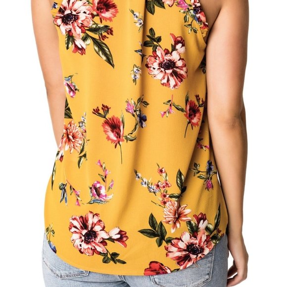 Gibson Nordstrom Floral Ruffle Tank Top Crepe Blouse Yellow Size Medium NEW - Picture 2 of 8